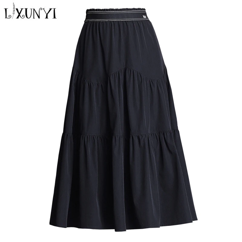 

LXUNYI Woman Casual Skirt Summer New skirts womens 2021 Elastic Waist Black Loose Elegant A Line Skirt jupe longue femme