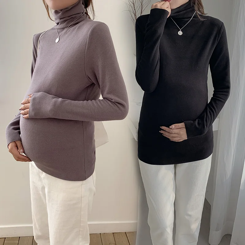 

8149# Autumn High Neck Maternity Bottoming Shirts Loose Stretch Soft Tops Clothes for Pregnant Women Turtleneck Pregnancy Fall