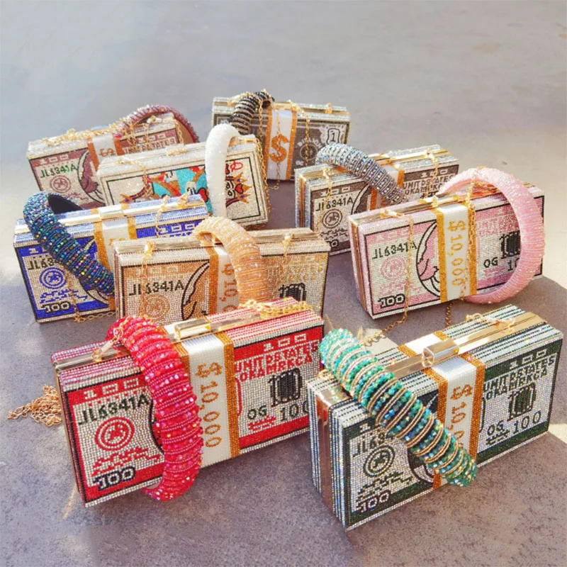 

2021 Money Bag Dollar Wallets Woman Handbag Lady Rhinestone Bling Purse Evening Bags Set