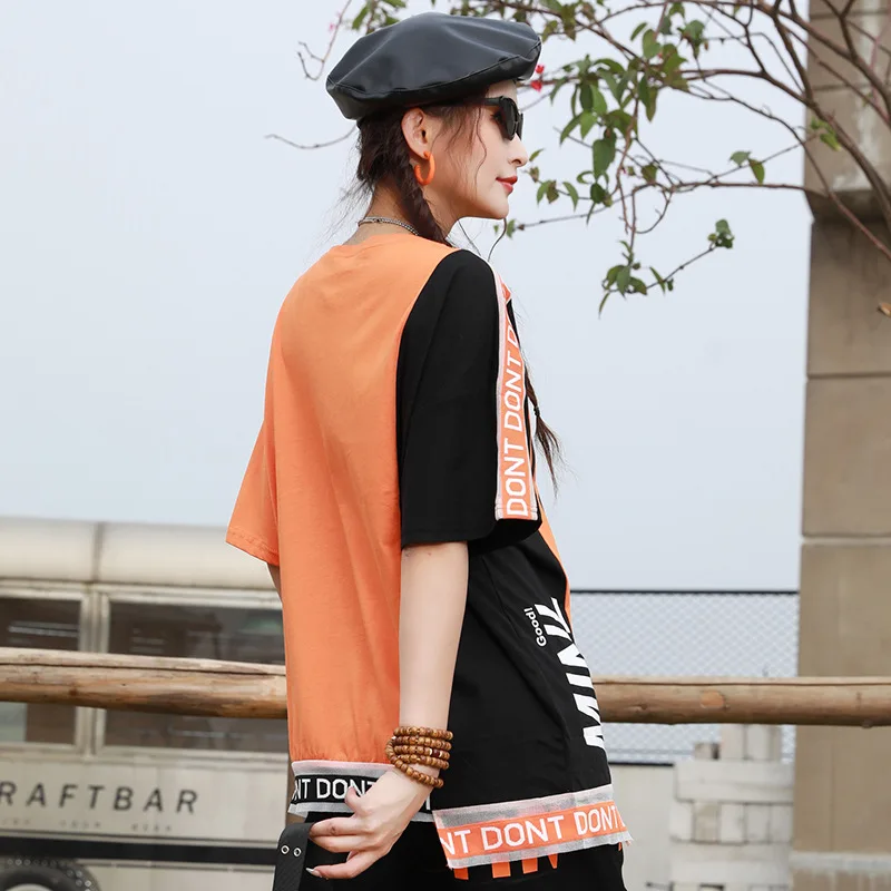 

Vefadisa 2021 Summer Newest Women Casual Letter T Shirt Women Patchwork Color T Shirt Female Mixture T Shirt ZQY113C