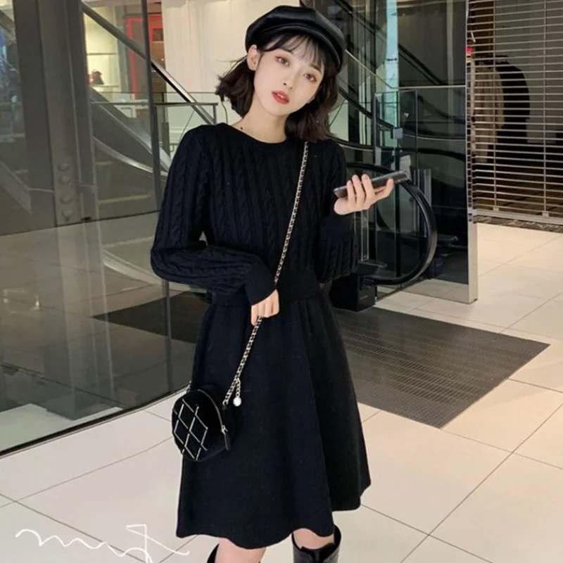 FINEWORDS корейское шикарное коричневое зимнее вязаное женское платье стрейч