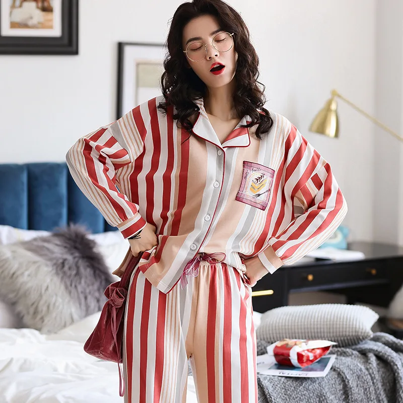 Sleep wear women Plus Size autumn Women Pajamas Turn-down Collar Sleepwear 2 Piece Set Shirt+Pants Striped Casual Pajama Sets | Женская