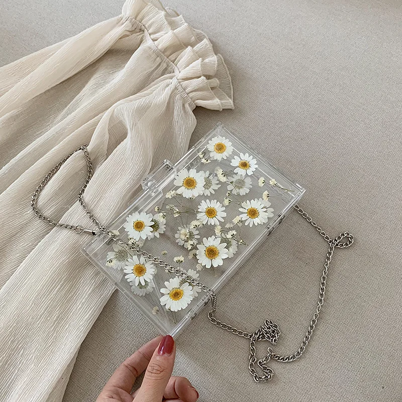 New summer small fresh transparent square bag fashion wild messenger flower print texture chain shoulder handbag | Багаж и сумки