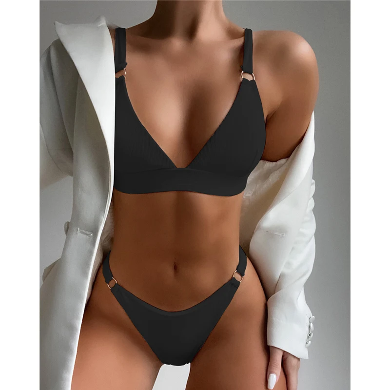 

2022 New Sexy Ribbed Ring Bikinis Swimsuit Women Push Up Swimwear Solid Bikini Set Summer Beach Brazil Biquini Swim Bathing Suit