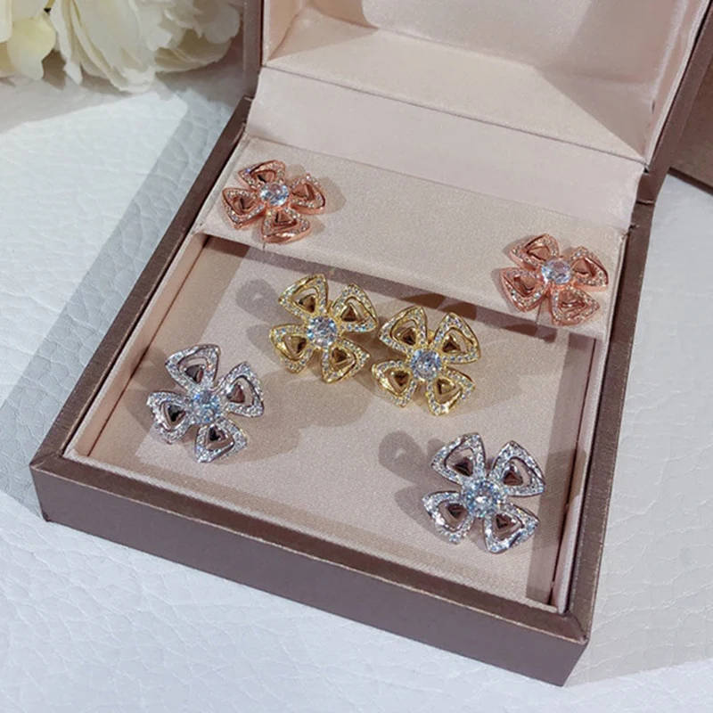 

S925 Sterling Silver Color Earrings High Quality Fashion Zircon Four Petal Flower Earrings Ladies Evening Luxury Jewelry Gifts