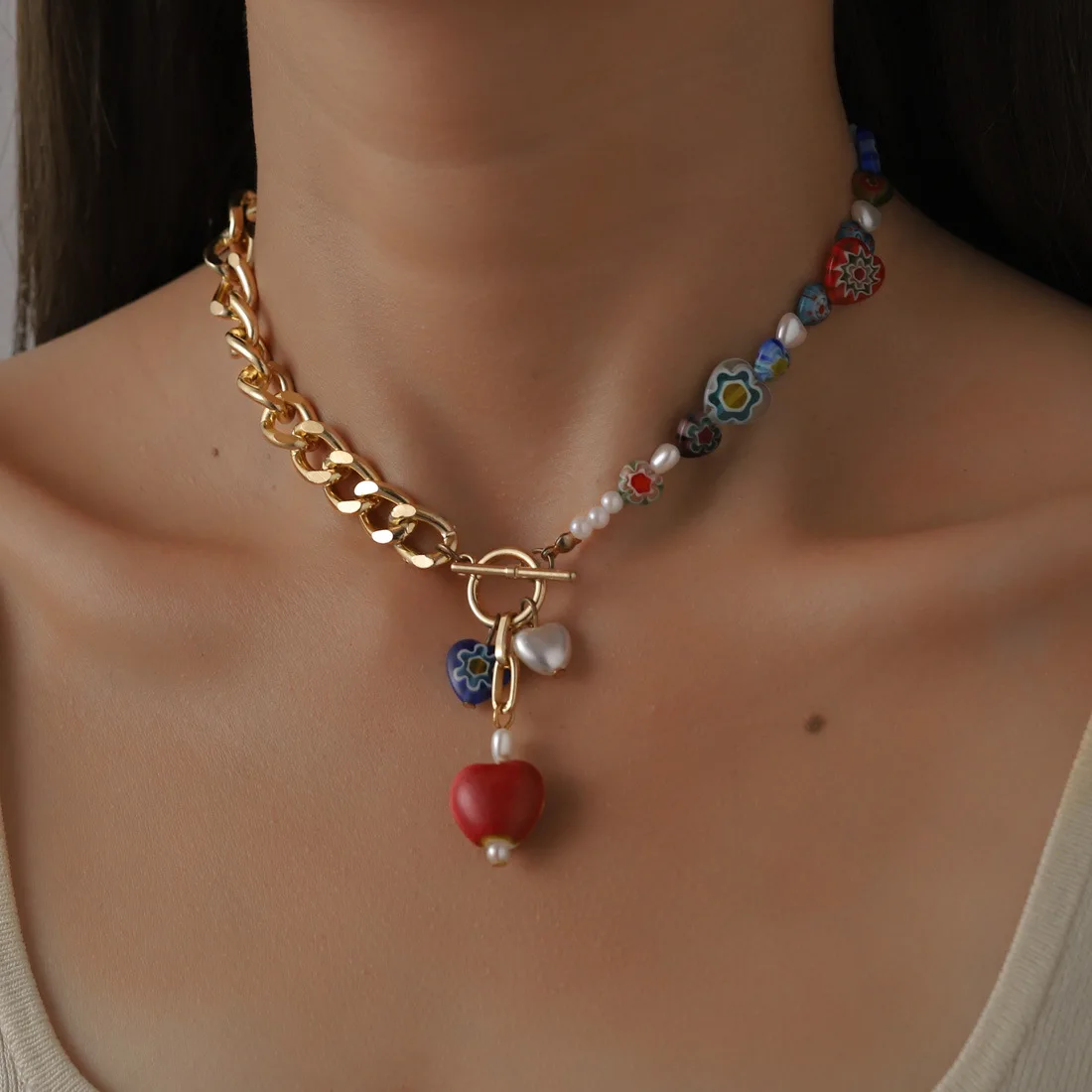 

Bohemia Fashion Personality Colored-glaze Necklace Ethnic Style Asymmetric Pearl Collarbone Chain Jewelry Woman Pendant Chokers