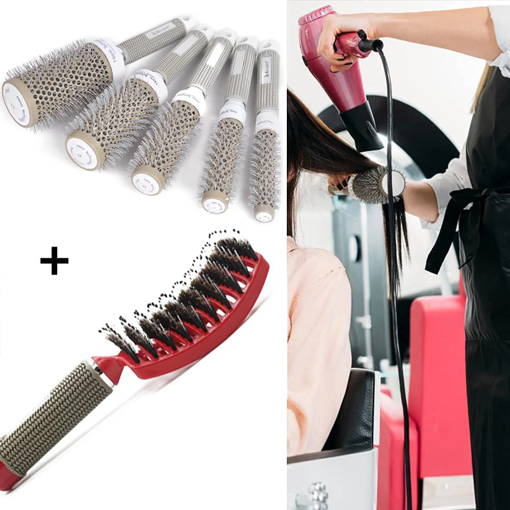 

Round Brush Set for Blow Drying, with Boar Bristle Vented Curved Detangling Hair Brush, Thermal Ceramic & Ionic Tech Reduce Friz