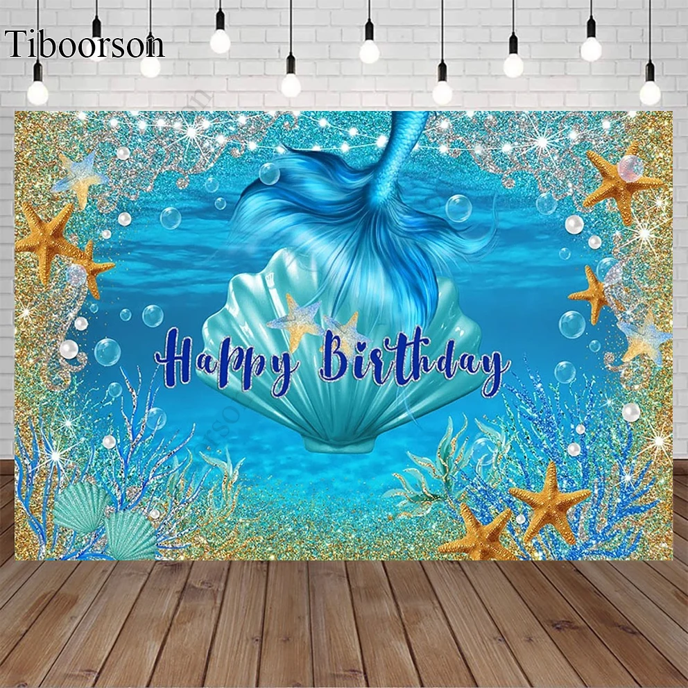 The Underwater World Backdrop Mermaid Theme Birthday Party Photography Background Deep Blue Sea Pearl Glitter Gold Decor Photo enlarge