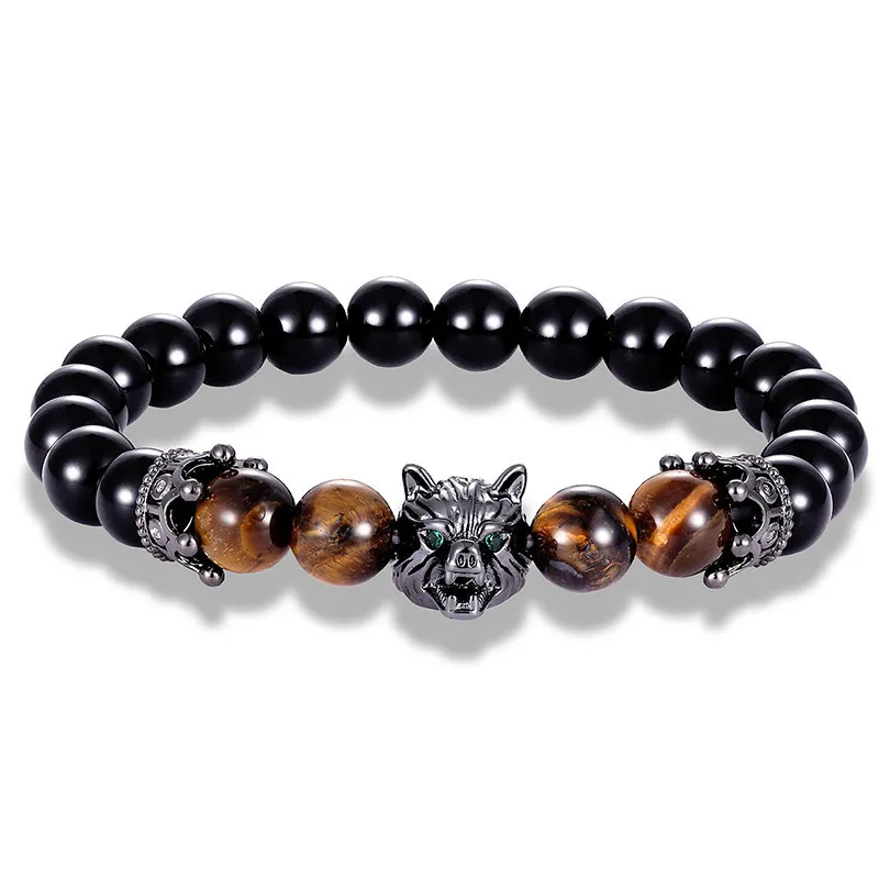 

Men's Beaded Bracelet Natural Stone Lava Bead Bracelet Gold and Silver Color Wolf Head Trinket Charm Bracelet Women's Jewelry