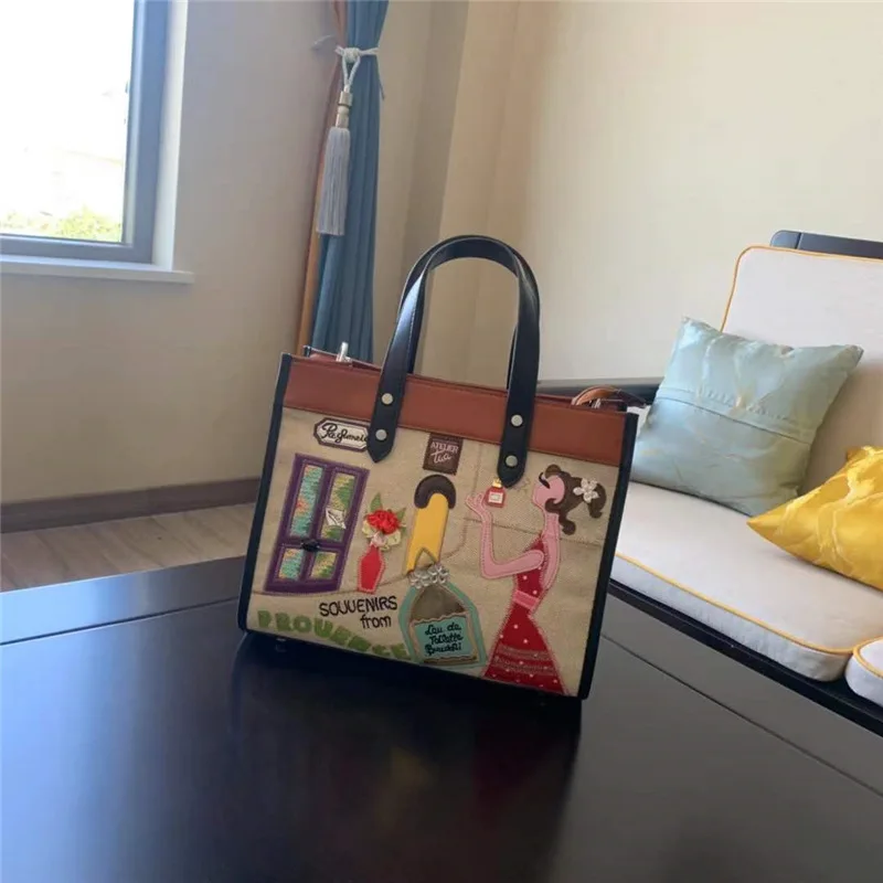 Women Bags Canvas Patchwork Embroidery Purse Shoulder Bags Handbags Tote Braccialini Style Handmade Art Cartoon Perfume Girl