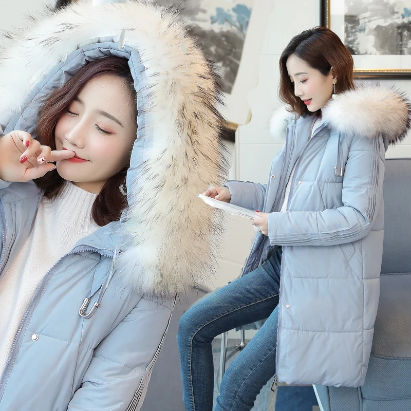 Женское длинное меховое пуховое пальто 2019 зимнее однотонное хлопковое с мехом