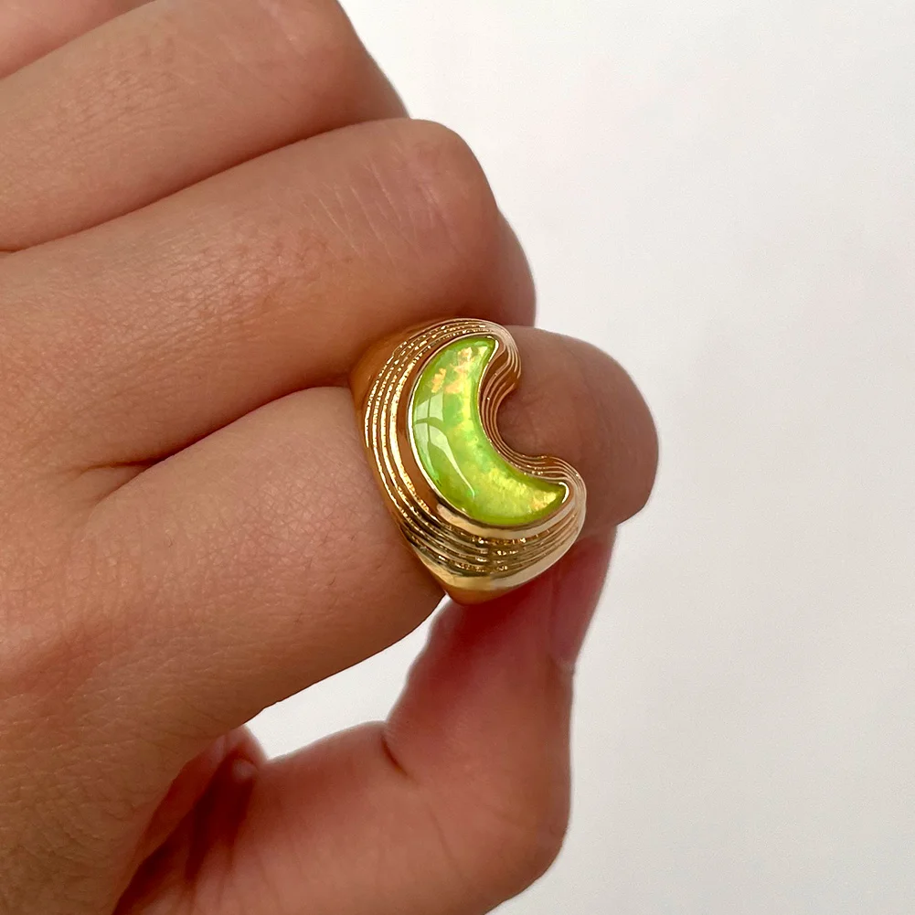 

Vintage Link Chain Croissants Open Adjustable Green Ring For Women Shiny Star Moon Chunky Rings Couples 2021 New Jewelry Gifts