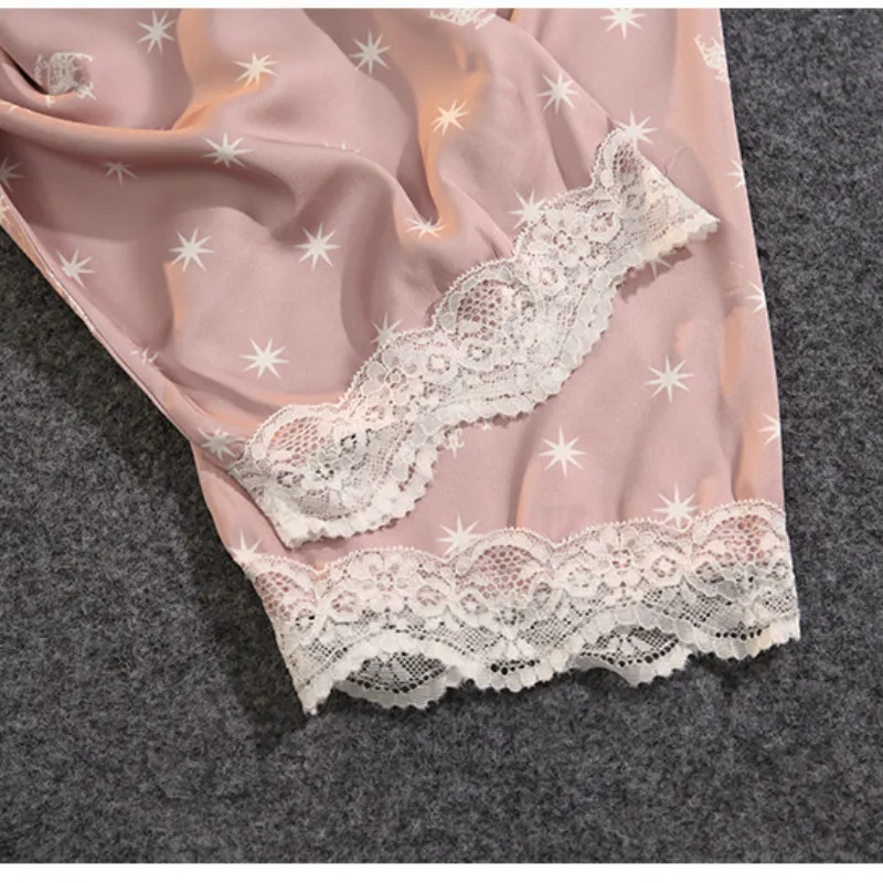 

Home Clothes Women's Summer Two Piece Suit Pajamas Ice Silk Satin Thin Outwear Print Lace Pyjamas Sleep Wear Lounge Set