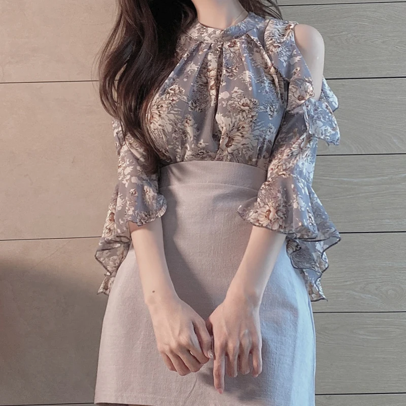 2021 из шифона с цветочным рисунком блузки для женщин летом коротким рукавом