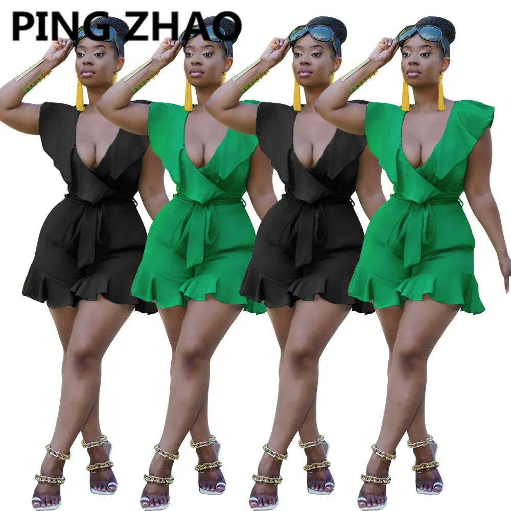 

PING ZHAO V-Neck Ruffles Sleeve Sashes Overalls Jumpsuits Outfit 2021 Summer Women Playsuits Casual Sexy Fashion Bandage Rompe