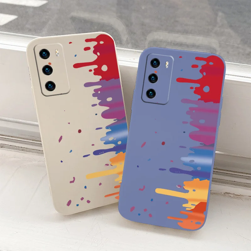 

Side Print Watercolor Shockproof Liquid Silicone Case For Huawei P40 P30 P20 Mate 40 30 20 PSmart 2021 Y7A Phone Back Cover Case