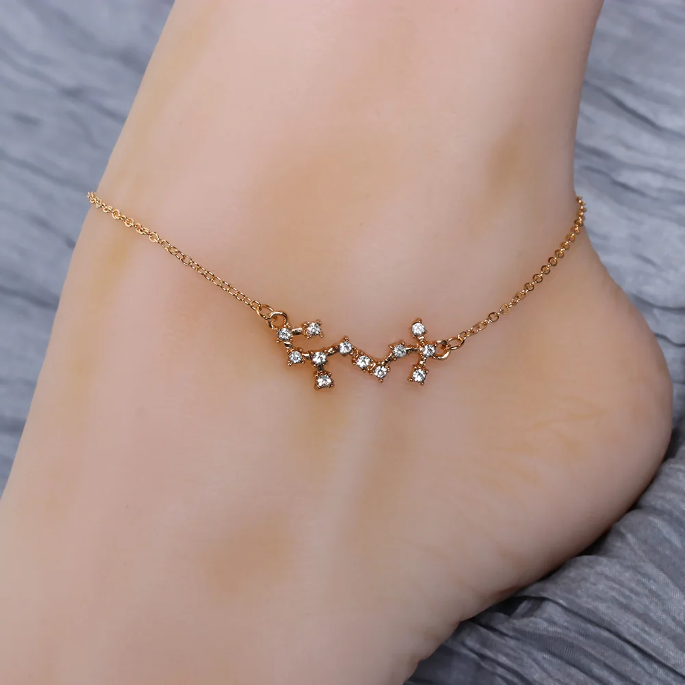 1PC Zodiac Anklets Constellation Pendants Crystal Foot Chain Friend Lover Gift Gold Women Fashion Jewelry Accessories | Украшения и