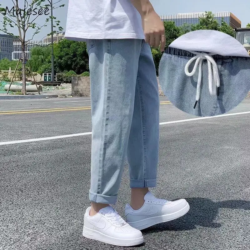 

Men Jeans Harem Denim Retro Trousers Vintage Solid Blue Elastic Waist Harajuku Korean Style Ulzzang Fashion Streetwear Chic New