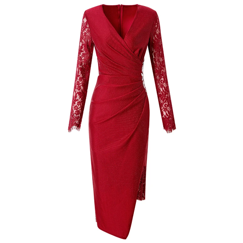 

Neohil 2022 Spring Lace Midi Dress Asymmetrical Elegant Plus Size Office Ladies Beading Long Sleeve Black Dress Femme Robe D9939