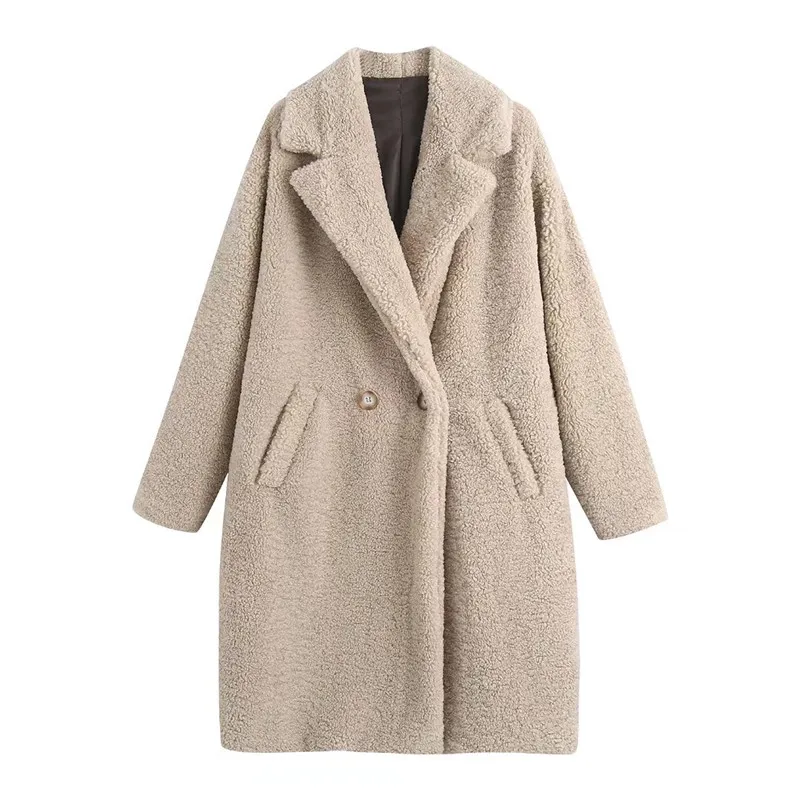 

Evfer Womens Autumn Winter Khaki Faux Fur Long Coats Oversize Chic Lady Casual Turn-Down Collar Fashion Za Thick Fleece Outwear