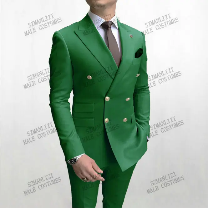 2021 Double Breasted Green Peaked Lapel Groom Wear Party Prom Slim Fit Men's Wedding Blazer Suit Terno Masculino (Jacket+Pants)