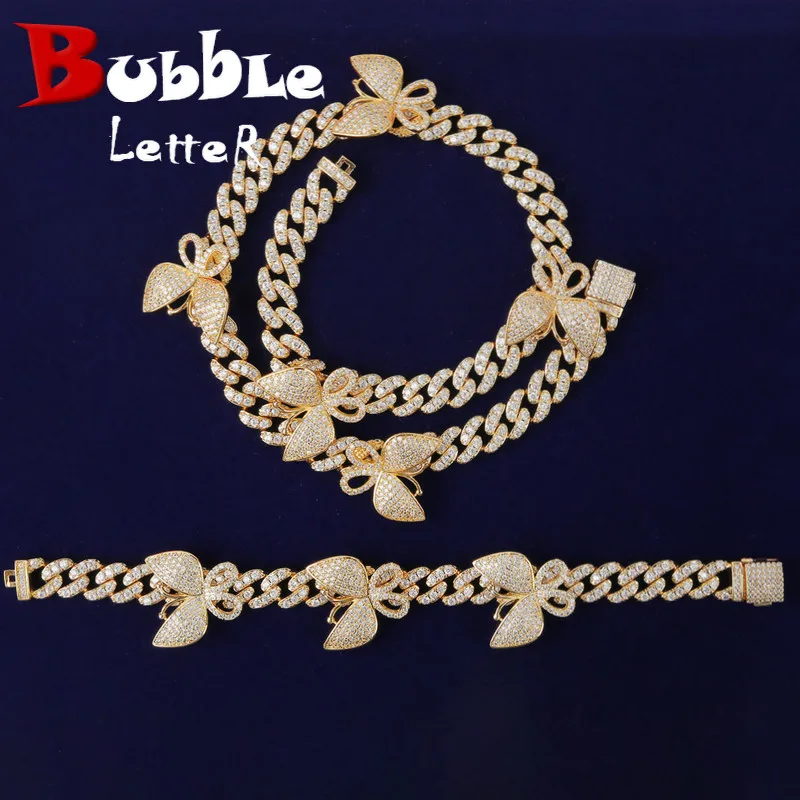10MM Cuban Butterfly Necklace Bracelet Jewelry Sets Gold Color Hip Hop Women