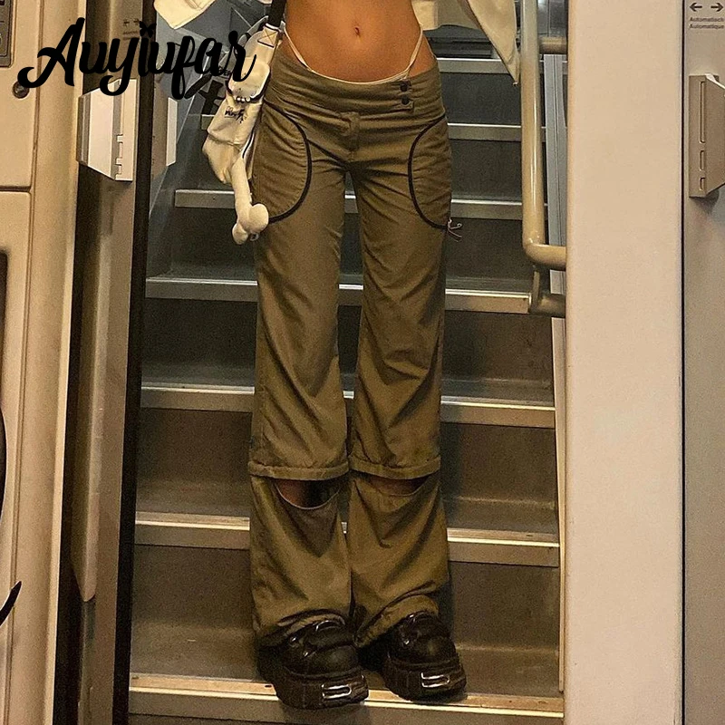 

Auyiufar Solid Urban Style Fairy Grunge Straight Leg Pants Streetwear Hollow Out Casual Y2k Vintage Women Trousers Elfcore Pants