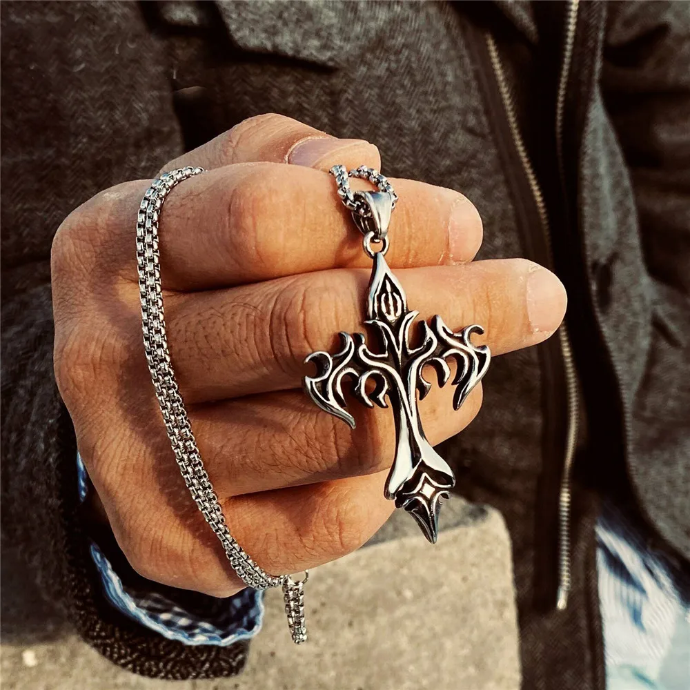 

Stainless Steel Mens Gothic Fire Cross Pendant Necklace For Men