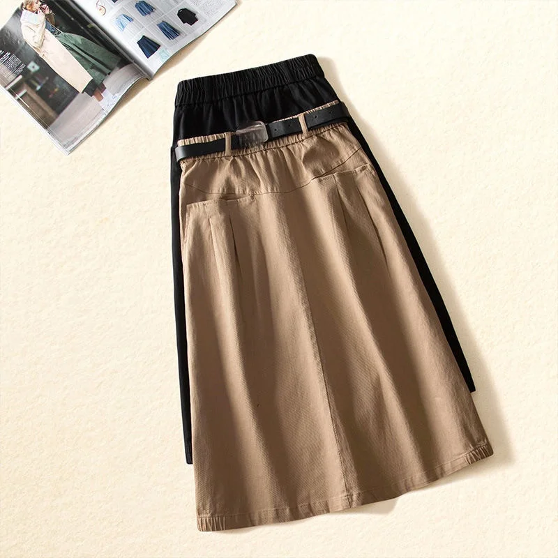 

Women Casual Midi Skirt 2021 Spring Autumn Solid High Waist Two-Pockets A-line Skirts Fashion Simple Elegant Saia Faldas Y747