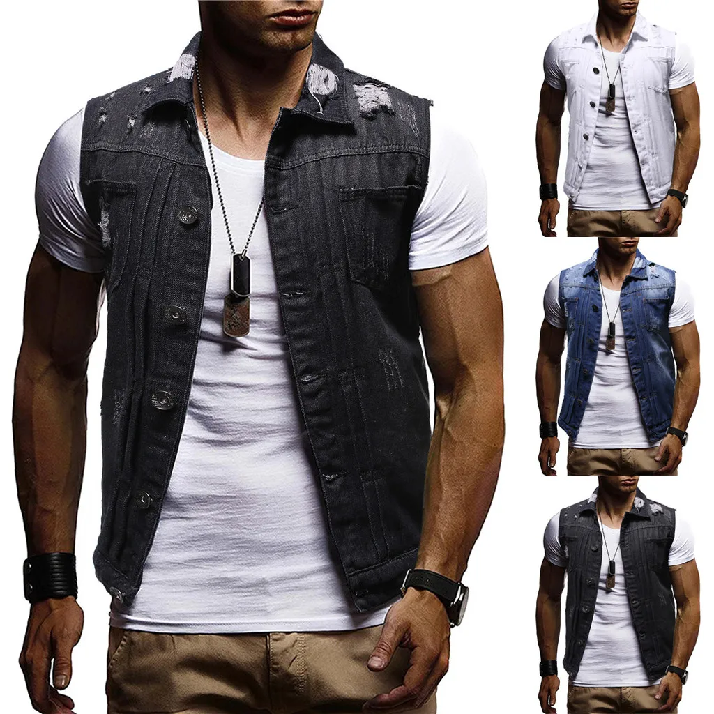 Хлопковые джинсы куртка без рукавов жилет для мужчин размера плюс черный