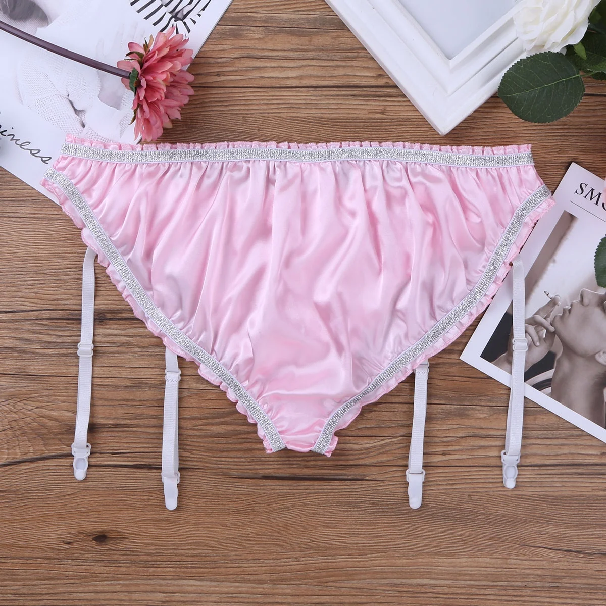 Мужские трусы атласные с нижнее бельё подвязками эластичные блестящие