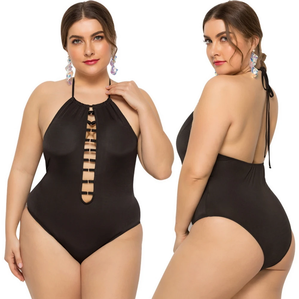 

Solid Black Neckline Hollow Sling Plus Size Swimwear Women Backless Sexy Bikini 2021 One Piece Swimsuit Ropa Mujer