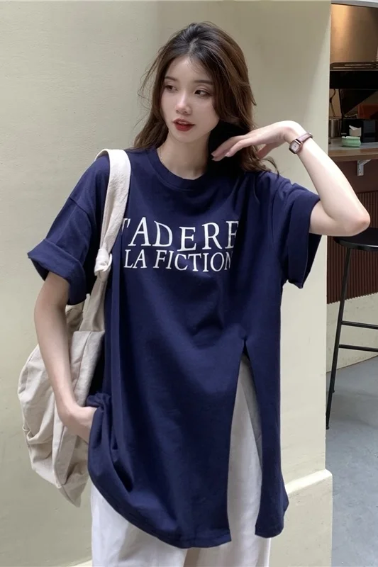 Футболка меньшего сорта Тибетский синий Свободный Топ средней длины с коротким