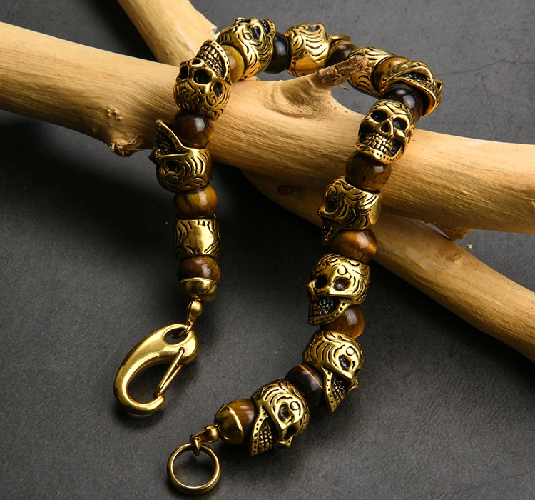 Мужской золотистый браслет с черепом из натурального камня нержавеющей стали |