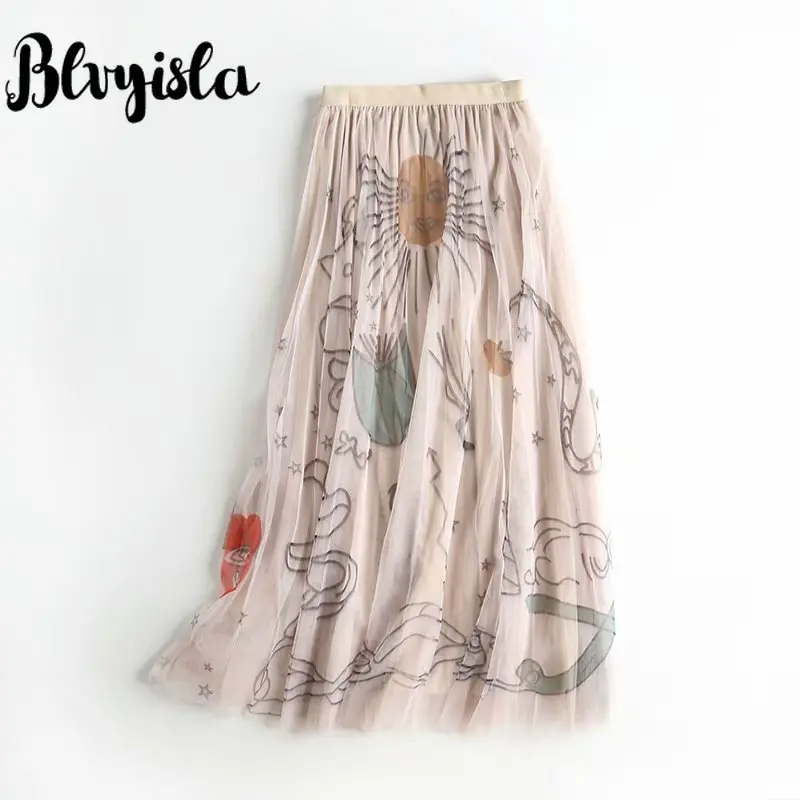 Женская юбка с высокой талией Blvyisla эластичная длинная сетчатая принтом летние