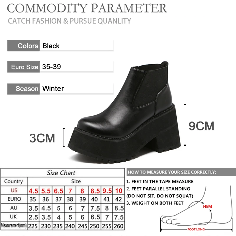 

BYQDY Chunky Heels Black Ankle Boots Autumn Winter Patent Leather High Heels Boots Super High Platform Heels Round Toe Footwear