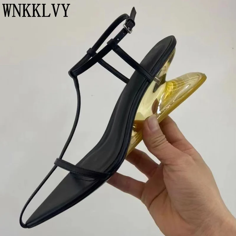 

Сандалии женские из натуральной кожи, прозрачные туфли на танкетке, узкие ремешки с ремешком на щиколотке, странный стиль, вечерние классич...