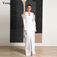 verngo modern white celebrity dresses with crystal sleeves beads v neck slit long evening dress dubai women formal prom dress