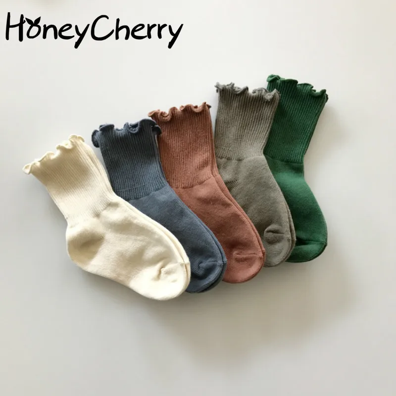 

HoneyCherry solid color double needle socks girls children spring and summer cotton loose socks newborn socks