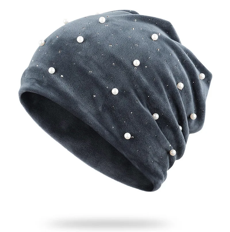 Горячая Распродажа 2019 модные однотонные женские шапочки Skullies Beanies с жемчугом