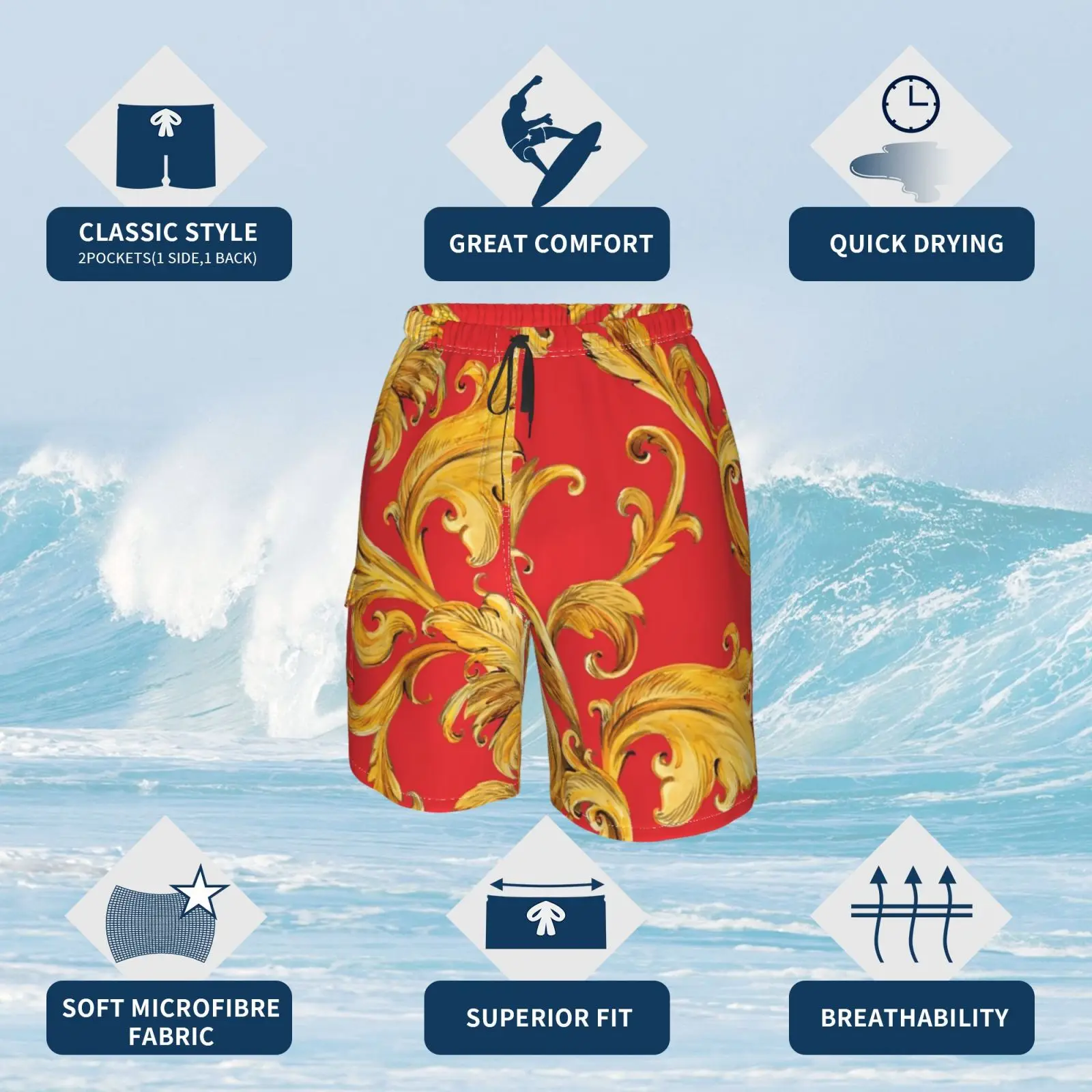 Пляжные шорты с золотыми цепочками и бесшовным рисунком. Роскошная иллюстрация.