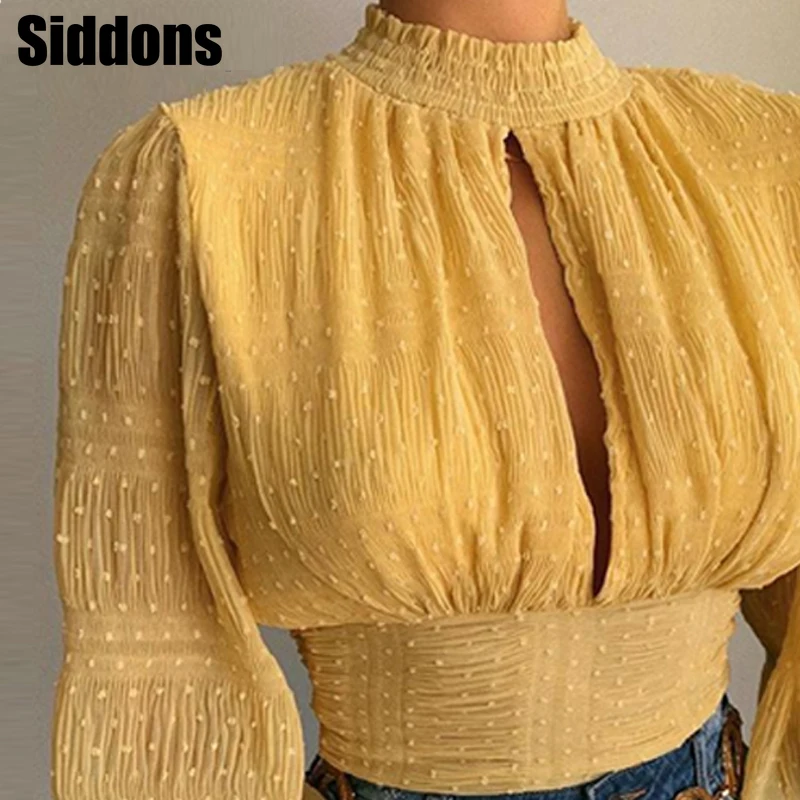

Women Solid Lantern Sleeve Loose Cut-out Blouse Spring Tops and Blouses