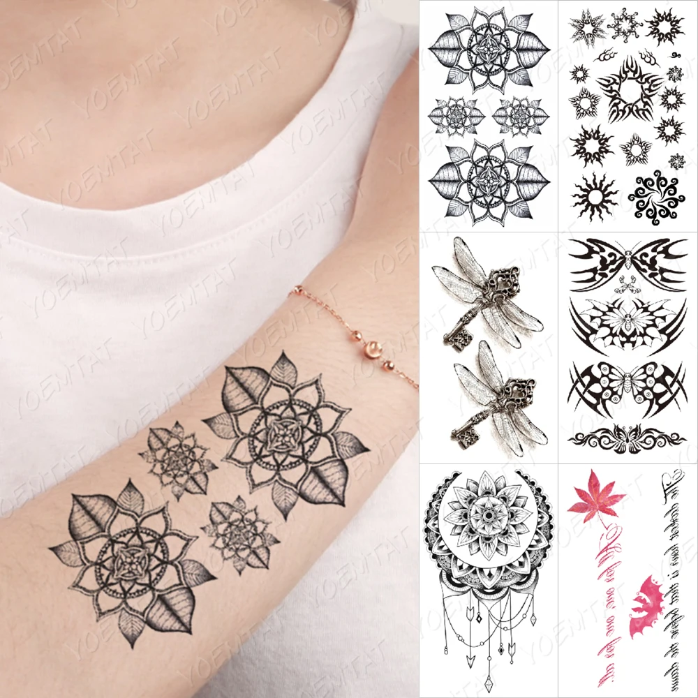 

Waterproof Temporary Tattoo Sticker Linear Geometric Henna Black Color Moon Flower Tatoo Arm Fake Tatto Man Woman Child Tattoos