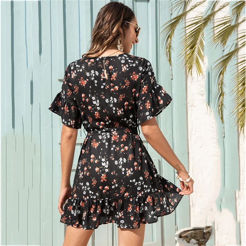 

Summer Women Plus Size Dress 2021 New Round Neck High Waist Fashion Floral Lotus Leaf Temperament Pink Short Skirt Vestido N861