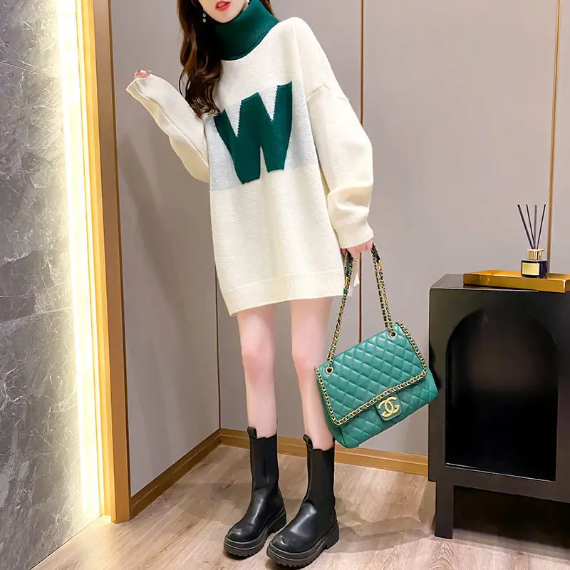 

Plus velvet padded turtleneck letter ladies sweater autumn and winter new loose lazy wind wear top