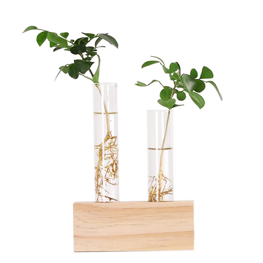 Hot Sale Crystal Glass Test Tube Vase Flowers Plants Hydroponic Planter+ Wooden Stand Decorated With A Flower Home Decor