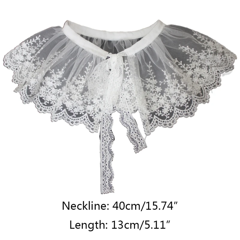 

Pleated Mesh Tulle Fake Collar Shawl Necklace Sweet Embroidery Floral Lace Wavy Trim Half Shirt Dickey Lace-Up Poncho D0LF