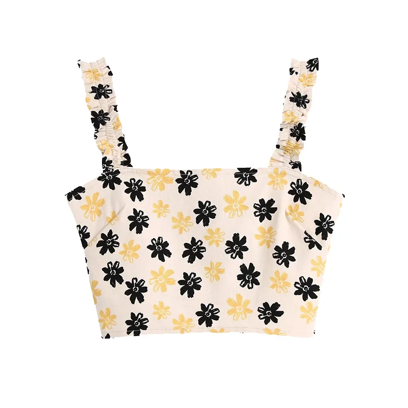 

2021 Women Fashion Floral print Cropped Tank Tops Vintage Back Elastic Wide Straps Female Camis Mujer
