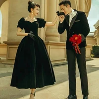 vintage tea length black velour evening dress for women 2022 autumn winter short sleeve a line prom party gowns