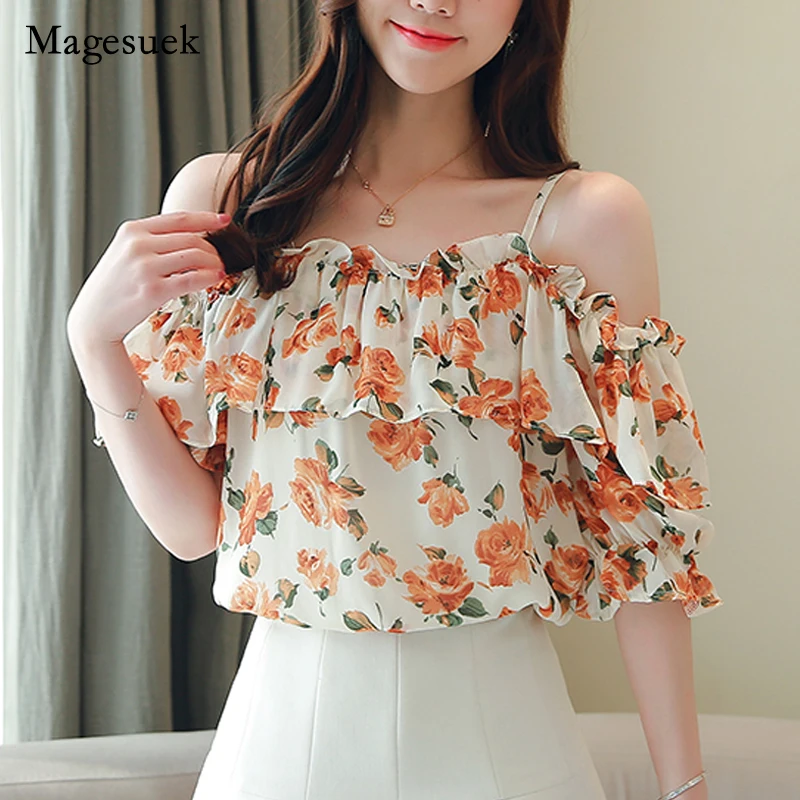 

Elegance 2021 Summer Chiffon Shirt Slash Neck Sling Floral Off Shoulder Blouse Ruffled Short Sleeve Blouse for Women Blusa 15023